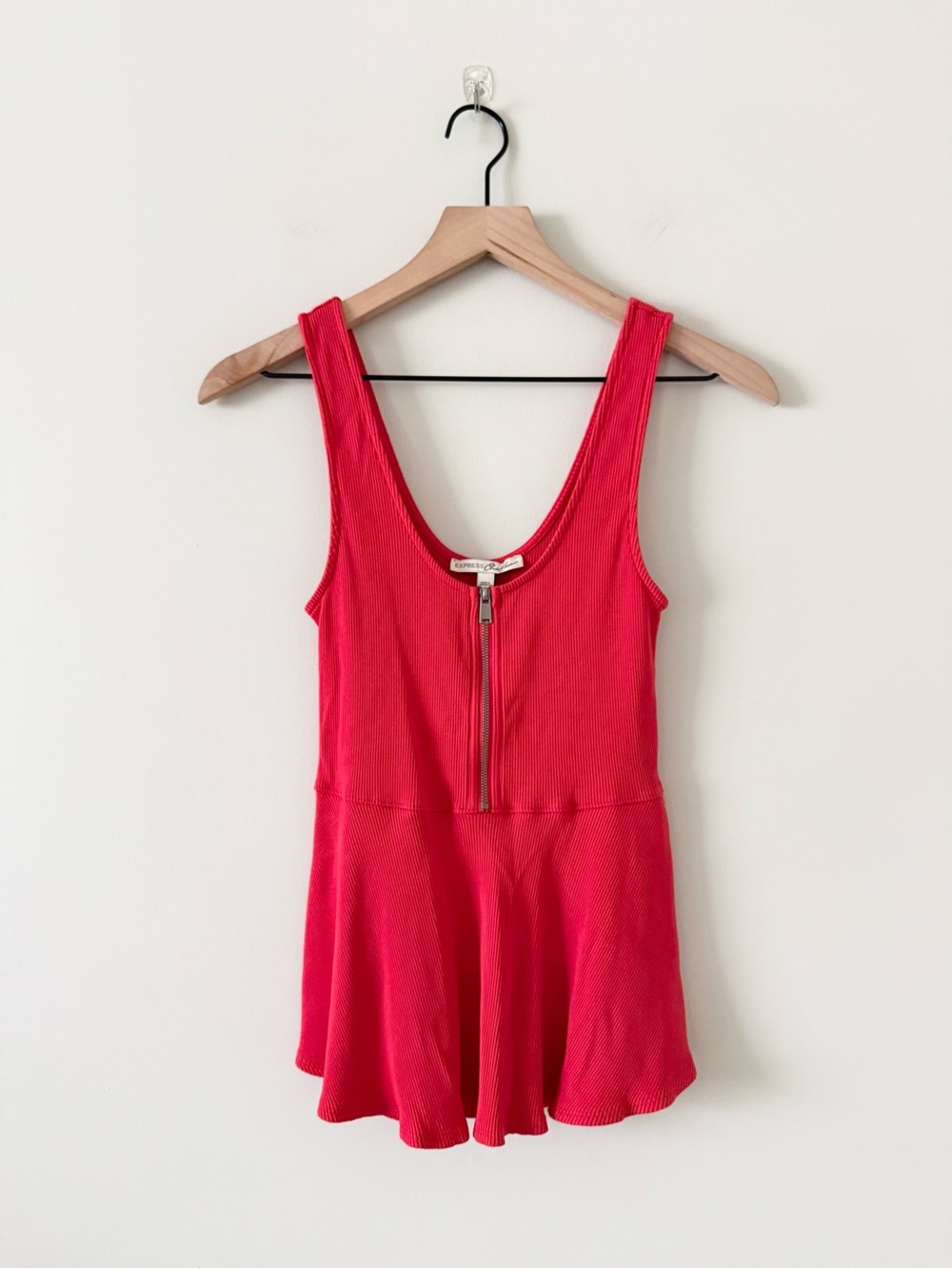 Express One Eleven Red Tank Peplum Top with Zip Front Ribbed Knit Size S